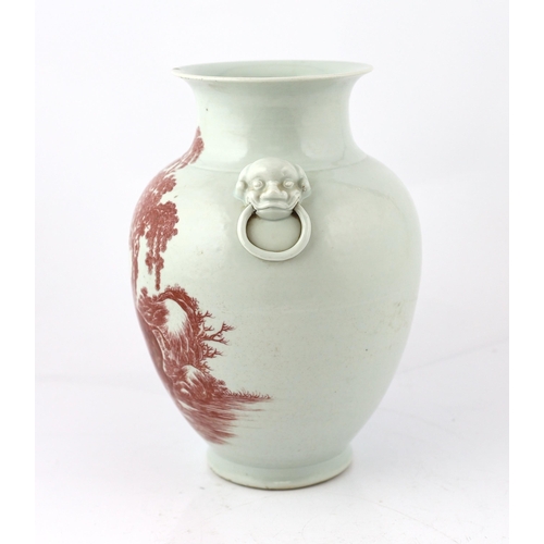 200 - A Chinese underglaze copper red ovoid vase, Yongzheng seal mark, but 19th century, finely painted wi... 