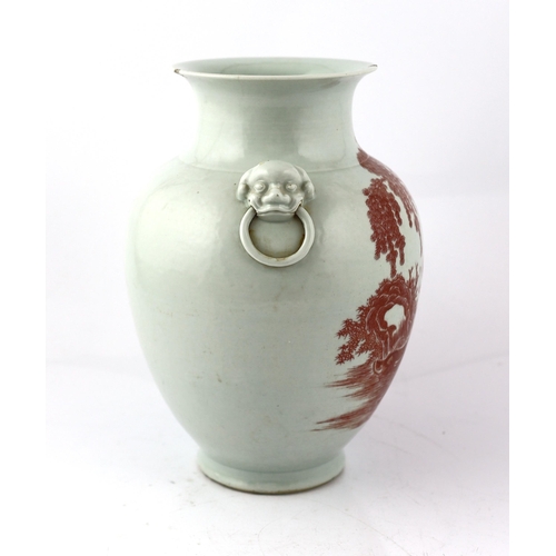 200 - A Chinese underglaze copper red ovoid vase, Yongzheng seal mark, but 19th century, finely painted wi... 