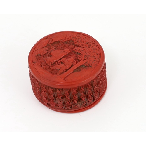 202 - * * A Chinese cinnabar lacquer circular box, Qianlong period, the lid carved with a scholar and boy ... 