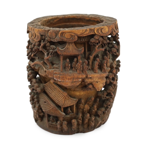 204 - A Chinese bamboo-root scholars brushpot, bitong, 19th century, carved in high relief and openwork ... 