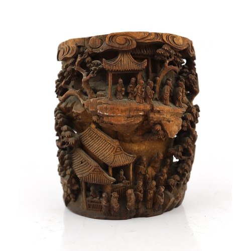 204 - A Chinese bamboo-root scholars brushpot, bitong, 19th century, carved in high relief and openwork ... 