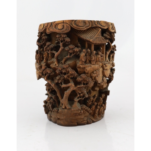 204 - A Chinese bamboo-root scholars brushpot, bitong, 19th century, carved in high relief and openwork ... 