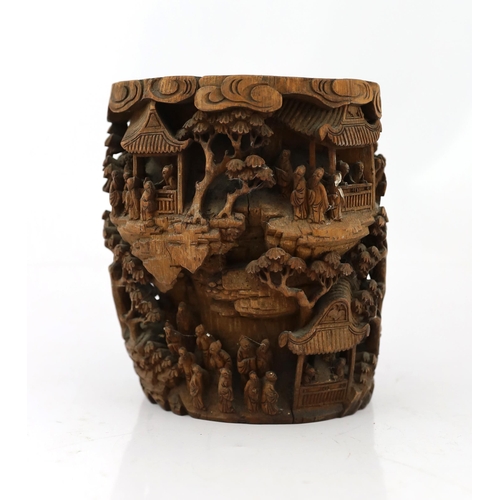 204 - A Chinese bamboo-root scholars brushpot, bitong, 19th century, carved in high relief and openwork ... 