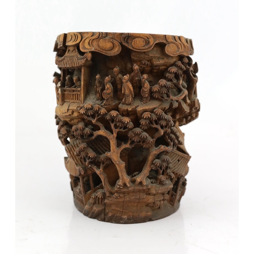 204 - A Chinese bamboo-root scholars brushpot, bitong, 19th century, carved in high relief and openwork ... 