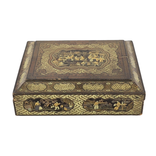 205 - A Chinese gilt-decorated black lacquer games box, mid 19th century, the cover and side panels decora... 