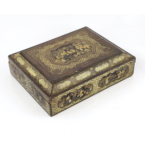 205 - A Chinese gilt-decorated black lacquer games box, mid 19th century, the cover and side panels decora... 