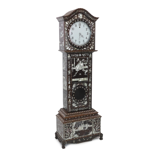 206 - A Chinese hardwood and mother-of-pearl inlaid longcase clock, mid 20th century, decorated with figur... 