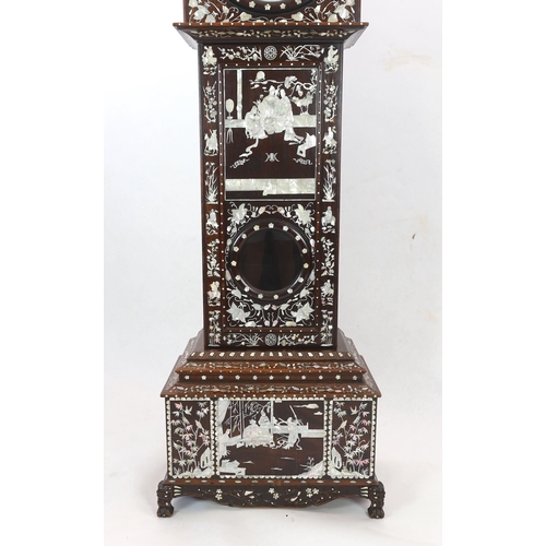 206 - A Chinese hardwood and mother-of-pearl inlaid longcase clock, mid 20th century, decorated with figur... 