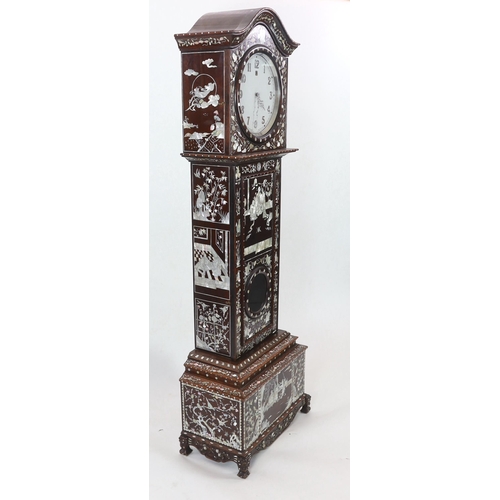 206 - A Chinese hardwood and mother-of-pearl inlaid longcase clock, mid 20th century, decorated with figur... 