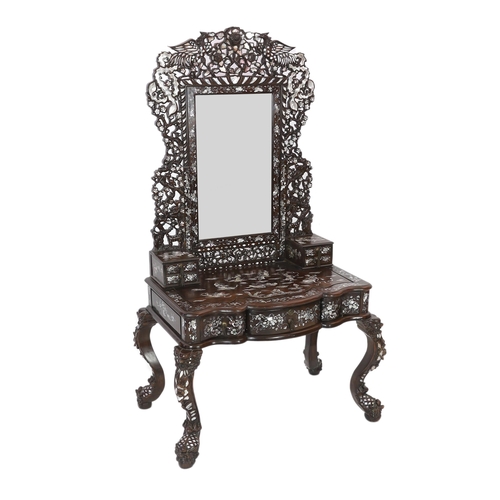 207 - An impressive Chinese hongmu and mother of pearl inlaid dressing table, mid 20th century, the mirror... 