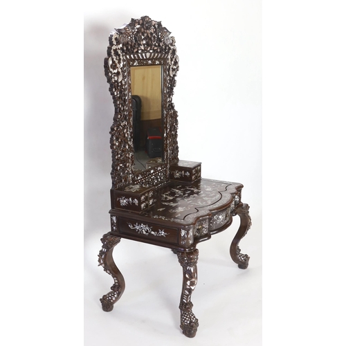 207 - An impressive Chinese hongmu and mother of pearl inlaid dressing table, mid 20th century, the mirror... 