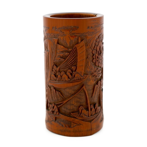 210 - A Chinese bamboo 'river landscape' inscribed brushpot, bitong, 19th century, carved in relief with f... 