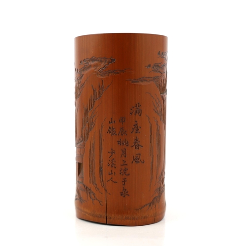 210 - A Chinese bamboo 'river landscape' inscribed brushpot, bitong, 19th century, carved in relief with f... 