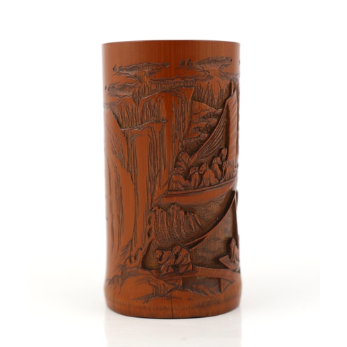 210 - A Chinese bamboo 'river landscape' inscribed brushpot, bitong, 19th century, carved in relief with f... 