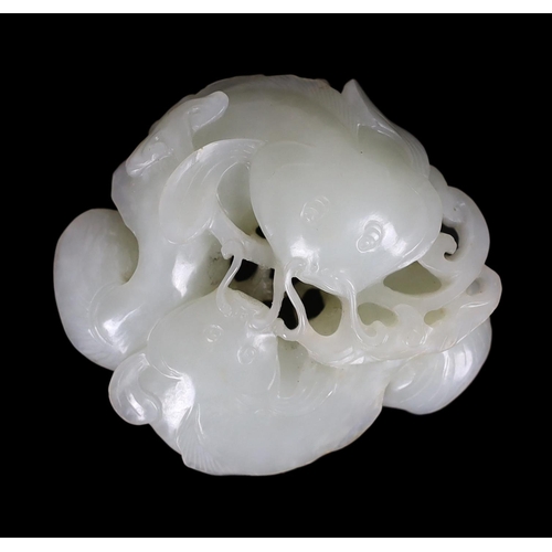 214 - * * A Chinese white jade group of two catfish, 18th century, each fish biting a sprig of lingzhi fun... 