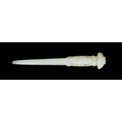 216 - * * A Chinese pale celadon jade hair pin, Qing dynasty, carved in relief with a bird on a pine branc... 