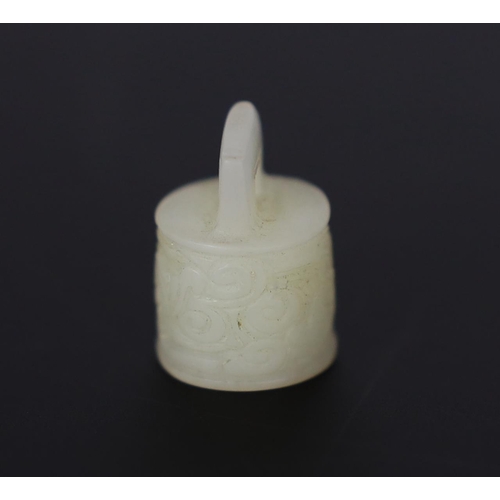 217 - * * A Chinese miniature white jade seal of archaic bronze bell form, late Qing dynasty, carved in lo... 