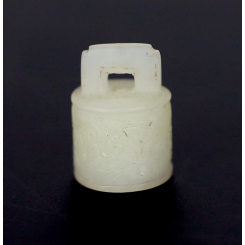 217 - * * A Chinese miniature white jade seal of archaic bronze bell form, late Qing dynasty, carved in lo... 