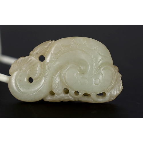 218 - * * A Chinese pale celadon jade carving of a stylised catfish, probably 17th century, the reverse ca... 