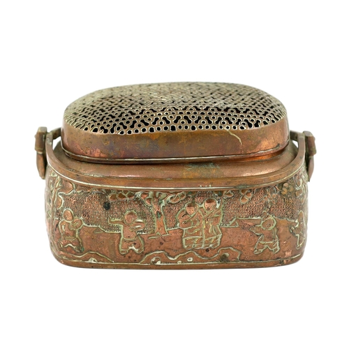 239 - A Chinese embossed copper hand warmer, 17th/18th century, embossed and chased with a continuous scen... 