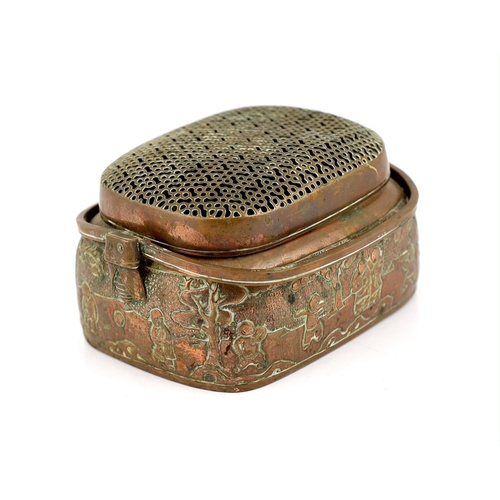 239 - A Chinese embossed copper hand warmer, 17th/18th century, embossed and chased with a continuous scen... 