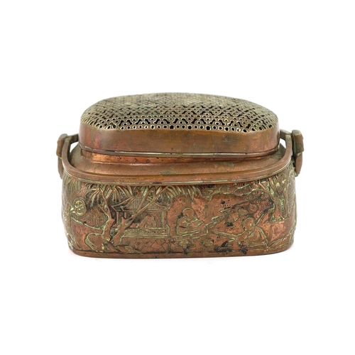 239 - A Chinese embossed copper hand warmer, 17th/18th century, embossed and chased with a continuous scen... 