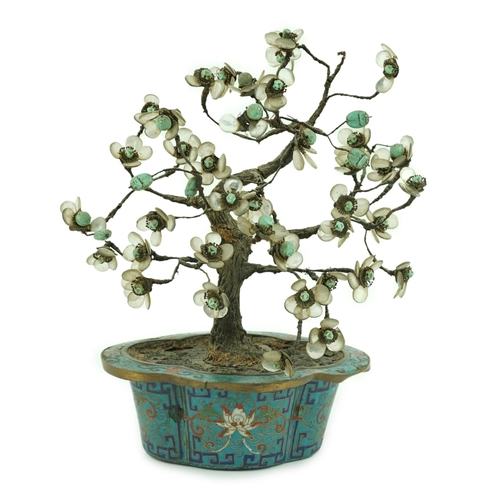 240 - A Chinese cloisonné enamel jardiniere housing a glass mounted model tree, 19th century, 29.5cm high... 