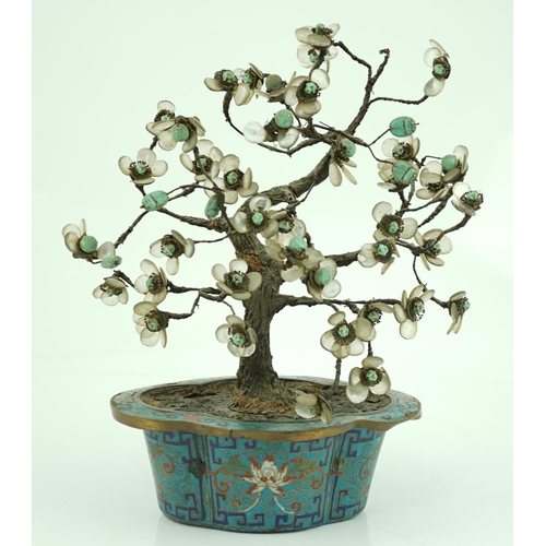 240 - A Chinese cloisonné enamel jardiniere housing a glass mounted model tree, 19th century, 29.5cm high... 