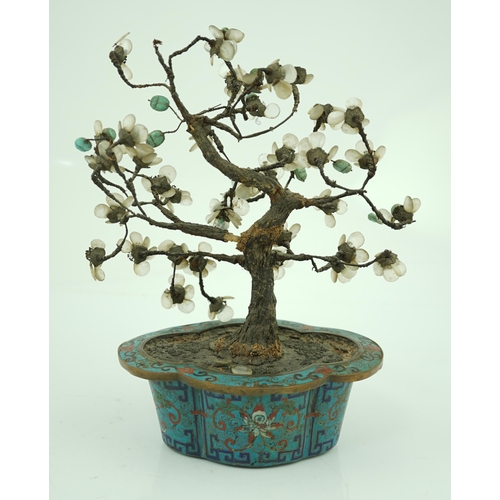 240 - A Chinese cloisonné enamel jardiniere housing a glass mounted model tree, 19th century, 29.5cm high... 