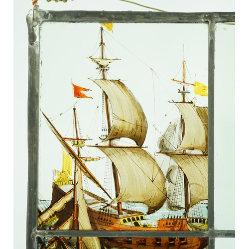 60 - A 18th century Dutch stained glass panel made from four sections depicting a shipwreck and the sails... 