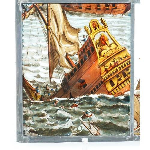 60 - A 18th century Dutch stained glass panel made from four sections depicting a shipwreck and the sails... 