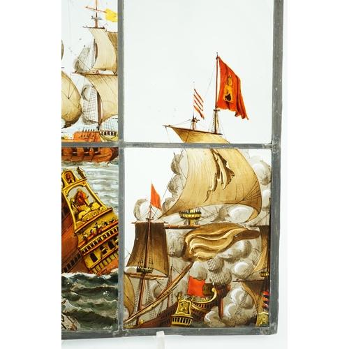 60 - A 18th century Dutch stained glass panel made from four sections depicting a shipwreck and the sails... 