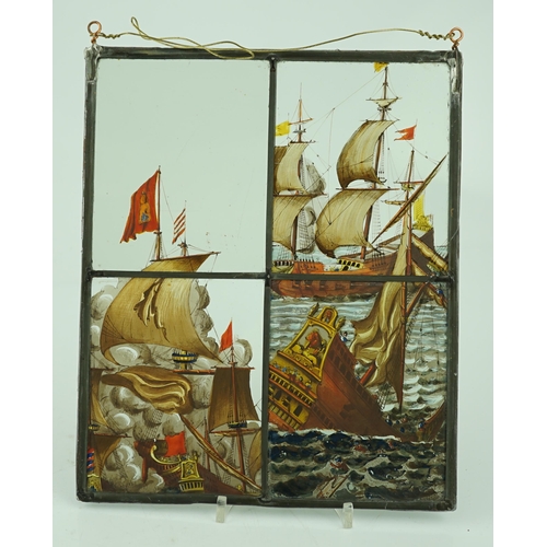 60 - A 18th century Dutch stained glass panel made from four sections depicting a shipwreck and the sails... 