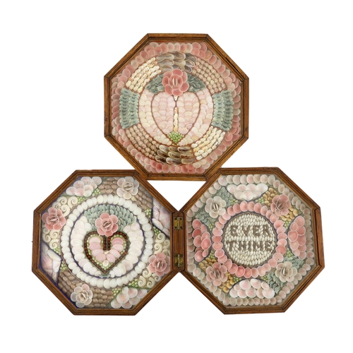 61 - A 19th century sailor's shellwork Valentine, with folding case enclosing two panels, one with a love... 