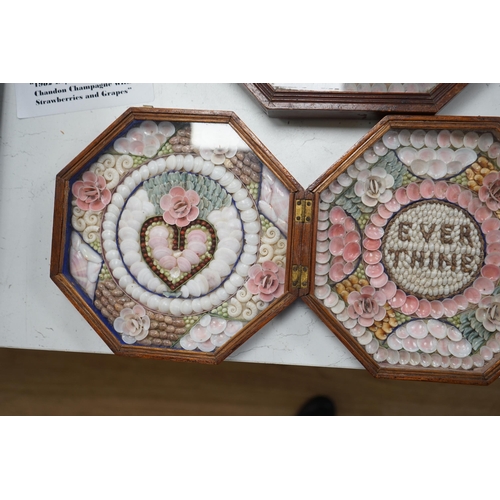 61 - A 19th century sailor's shellwork Valentine, with folding case enclosing two panels, one with a love... 