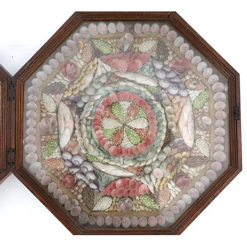 62 - A 19th century sailor's shellwork Valentine, formed as two octagonal panels but formerly hinged, eac... 