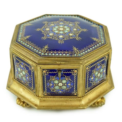 70 - A 19th century French Limoges enamel casket, of octagonal form with jewelled floral decoration and f... 