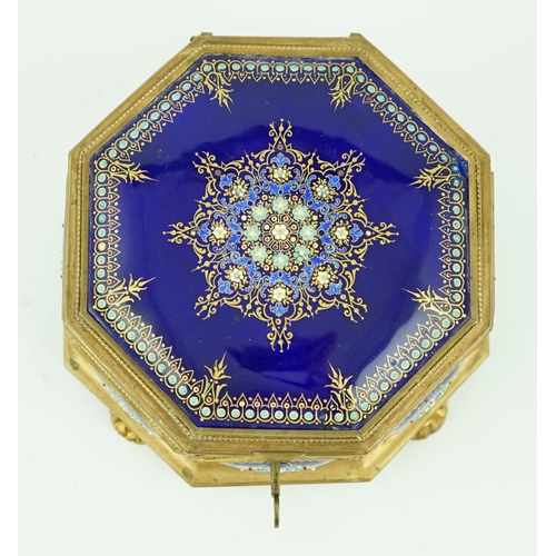 70 - A 19th century French Limoges enamel casket, of octagonal form with jewelled floral decoration and f... 