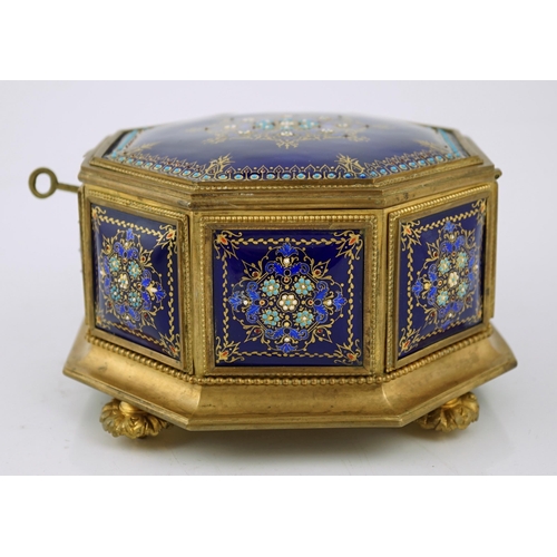 70 - A 19th century French Limoges enamel casket, of octagonal form with jewelled floral decoration and f... 