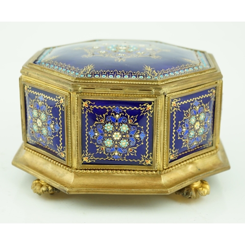 70 - A 19th century French Limoges enamel casket, of octagonal form with jewelled floral decoration and f... 