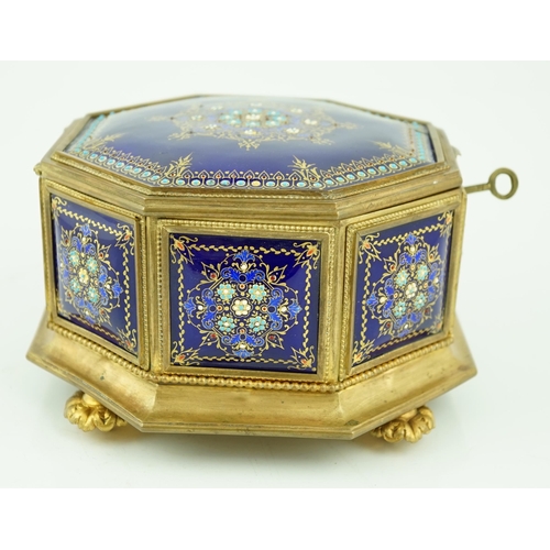 70 - A 19th century French Limoges enamel casket, of octagonal form with jewelled floral decoration and f... 