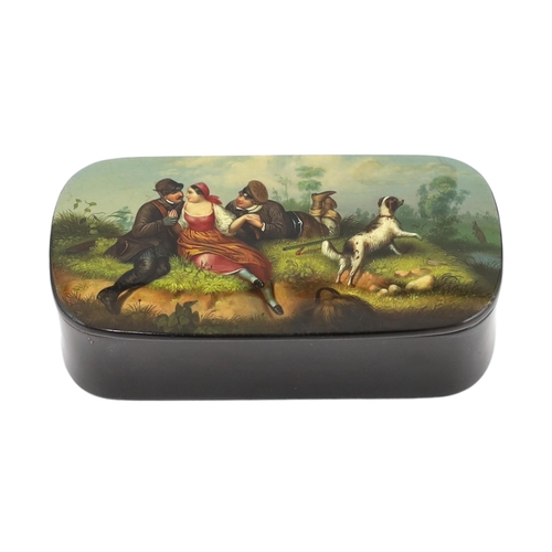 77 - * * A fine Russian lacquer Girl with admirers snuff box, by Lukutin, c.1840, painted with a young ... 