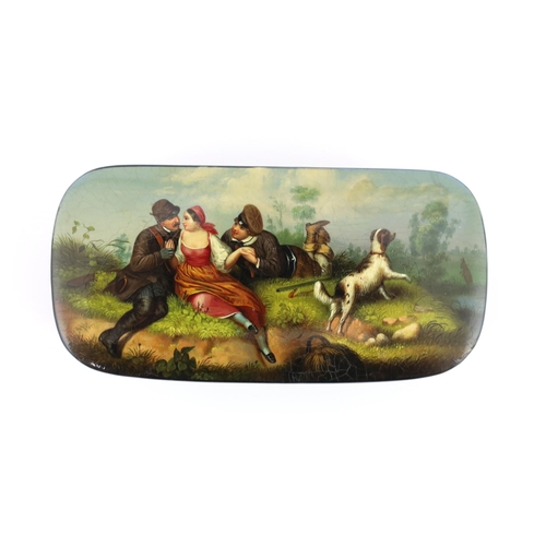 77 - * * A fine Russian lacquer Girl with admirers snuff box, by Lukutin, c.1840, painted with a young ... 