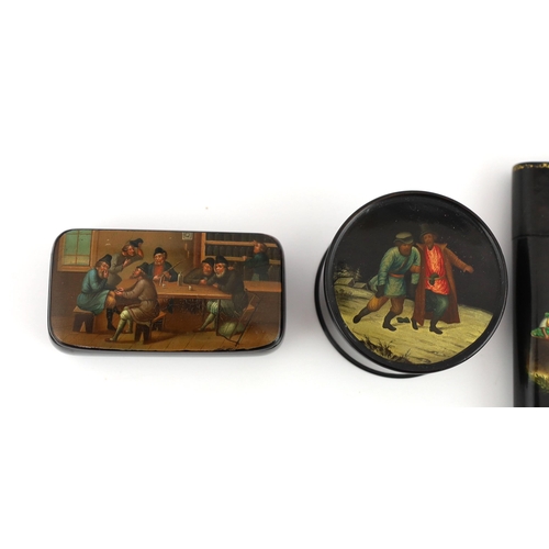 79 - * * Four Russian lacquer boxes, by Lukutin, c.1840-60, the first a rectangular snuff box finely pain... 