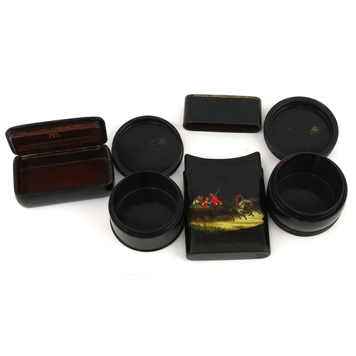 79 - * * Four Russian lacquer boxes, by Lukutin, c.1840-60, the first a rectangular snuff box finely pain... 