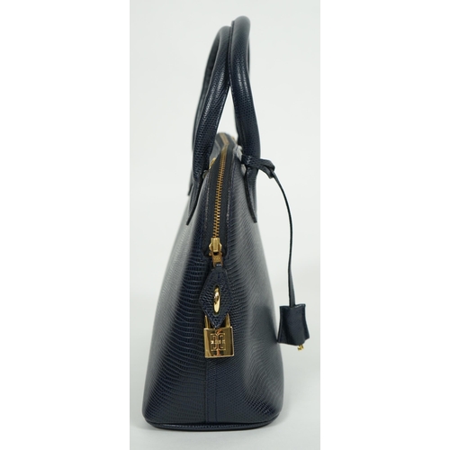 1001 - A Daks London blue faux lizard effect leather handbag with detachable shoulder strap, with padlock a... 