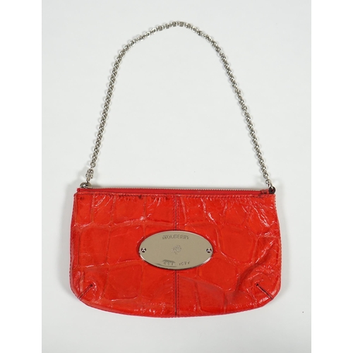 1003 - A Mulberry cherry red patent leather Charlie Pouch, silvered metalware, mock crocodile effect leathe... 