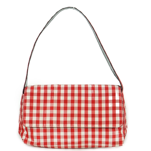 1010 - A Ralph Lauren red and white gingham satin evening bag, width 22cm, height 14cm, overall height 30cm... 