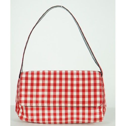 1010 - A Ralph Lauren red and white gingham satin evening bag, width 22cm, height 14cm, overall height 30cm... 