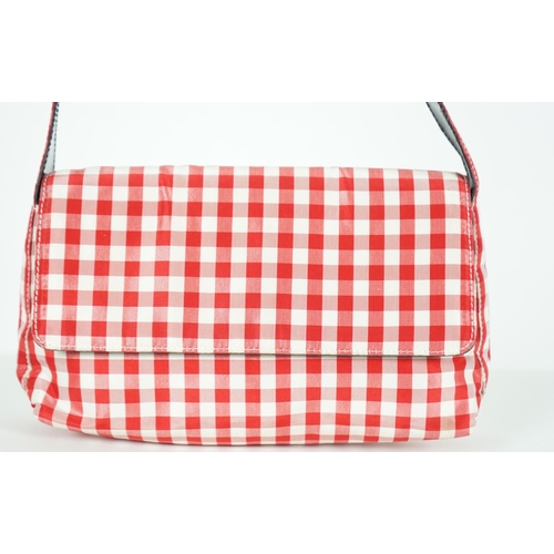 1010 - A Ralph Lauren red and white gingham satin evening bag, width 22cm, height 14cm, overall height 30cm... 